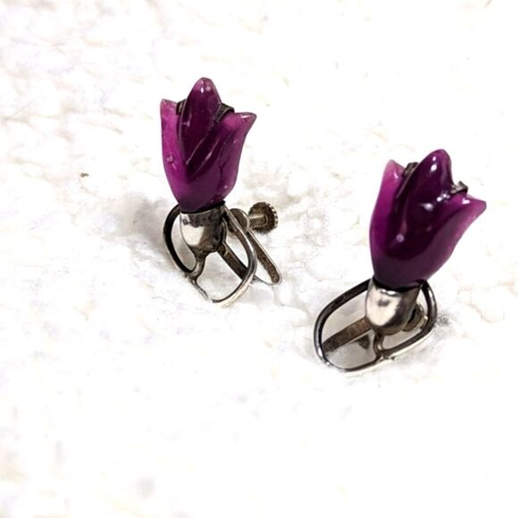 Vintage 40's /50's Sterling Silver & Purple Lucite Tulip Screw Back Earrings - Picture 5 of 11